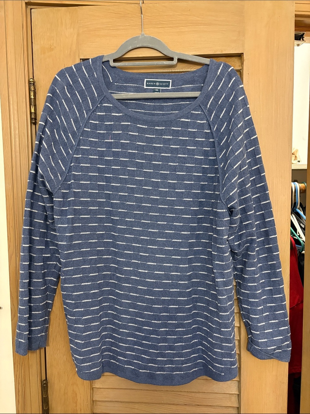 Karen Scott Navy and White Striped Scoopneck Sweater